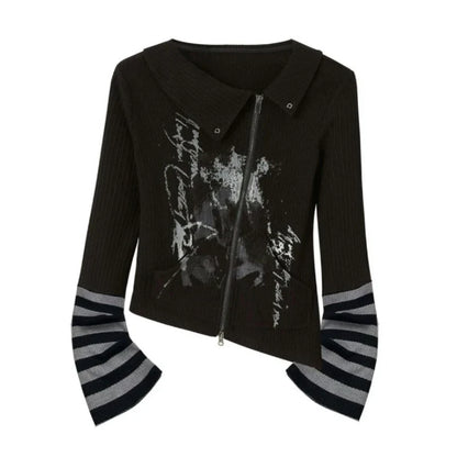 maoxiangshop Gothic Vintage Punk Hoodie Women American Retro Grunge Y2k Graphic Striped Patchwork Zipper Tees Tops Spring Chic