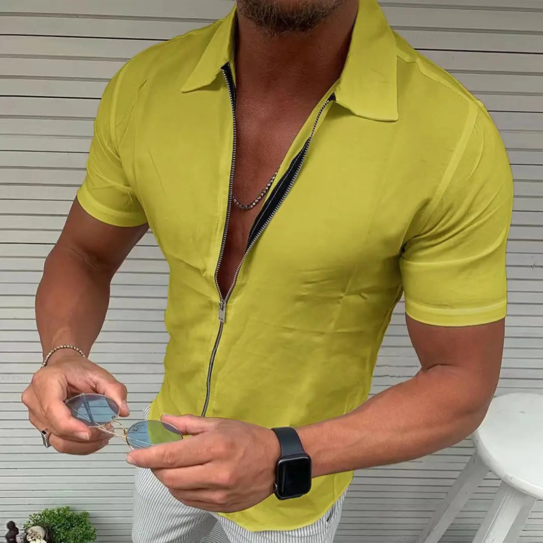 maoxiangshop Men's Light Business Office Casual Zipper Short Sleeve Shirt Slim Fit Solid Color Lapel Cardigan Fashion Tops