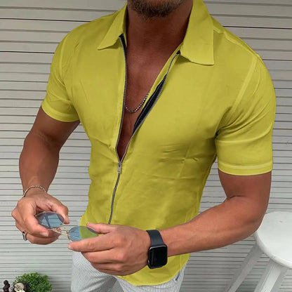 maoxiangshop Men's Light Business Office Casual Zipper Short Sleeve Shirt Slim Fit Solid Color Lapel Cardigan Fashion Tops