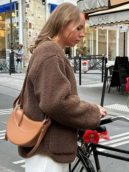 maoxiangshop -  Women's Winter Chic Fleece Faux Coat Warm Brown Furry Teddy Fur Brown Jackets Vintage O Neck Female's Single Breasted Overcoat