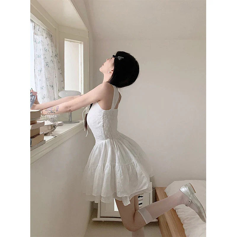 Sweet White Mini Dress Women Fairy Party Prom Strap Ruffles One Pieces Dresses Korean Vacation Bodycon Ball Gown Vestidos