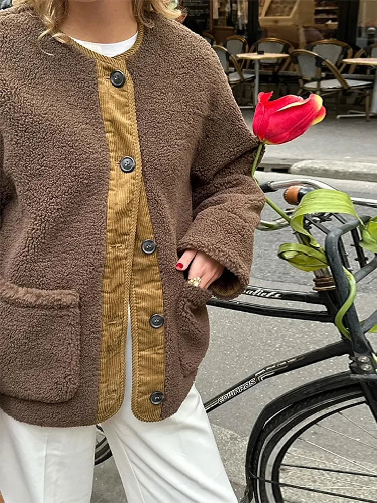 maoxiangshop -  Women's Winter Chic Fleece Faux Coat Warm Brown Furry Teddy Fur Brown Jackets Vintage O Neck Female's Single Breasted Overcoat