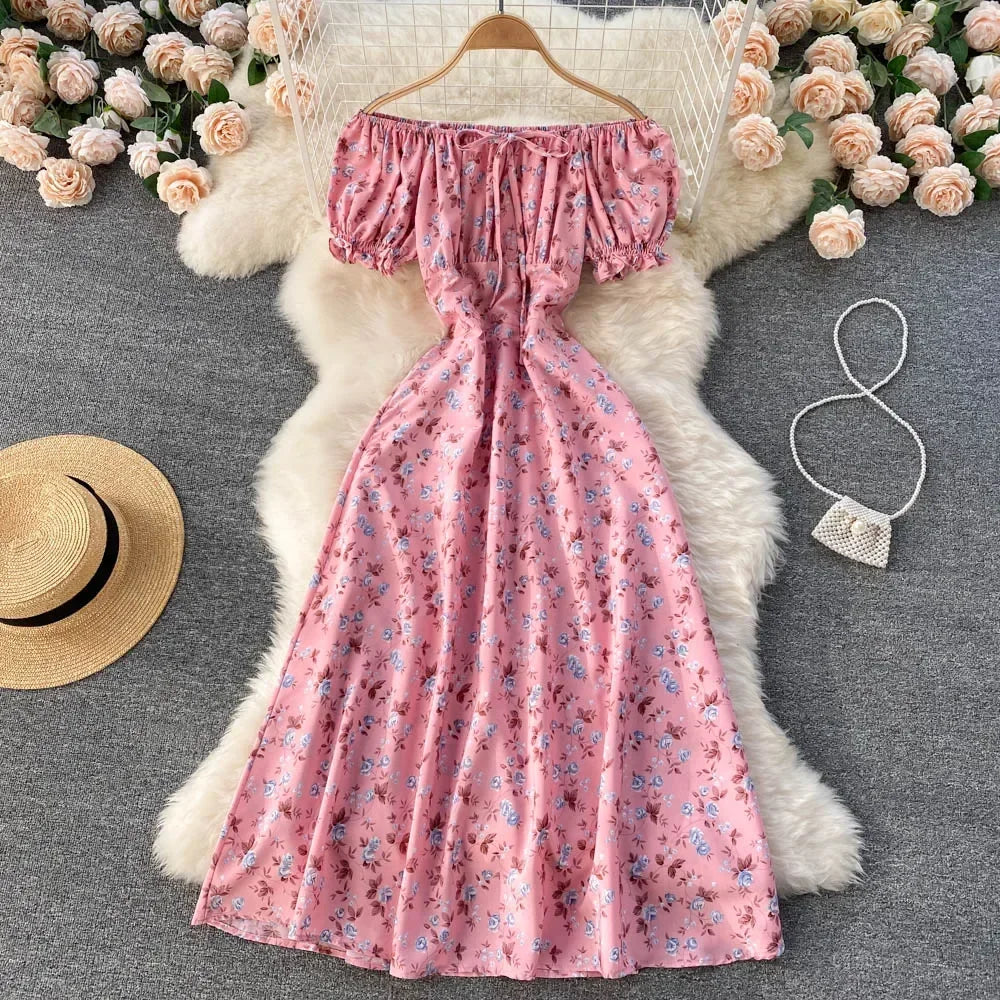 maoxiangshop Women Floral Dress Bohemian A-Line Slash Neck Short Sleeves Dress Summer Vintage Beach off Shoulder Polka Dot Sundress