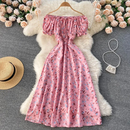 maoxiangshop Women Floral Dress Bohemian A-Line Slash Neck Short Sleeves Dress Summer Vintage Beach off Shoulder Polka Dot Sundress