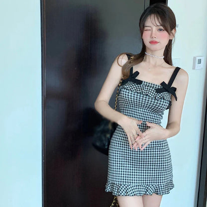 maoxiangshop Party Dress  Summer Sexy Hanging Strap Checkered Short Style Small Sexy Short Style Dress for Women
