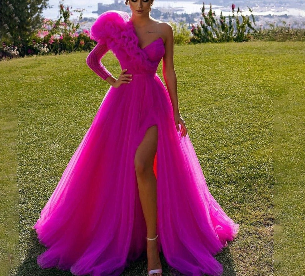 maoxiangshop Evening Dress Vestidos De Fiesta One Sleeve Puff robes de soirée Leg Slit prom dresses A Line Party Dress abendkleider