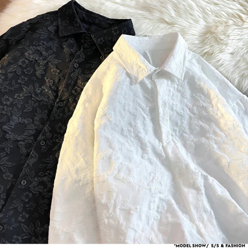 maoxiangshop Shirts Men Floral Japanese Style Fashion Loose Pleated Long Sleeve Vibe All-match High Street Youthful Cool Designed Vintage