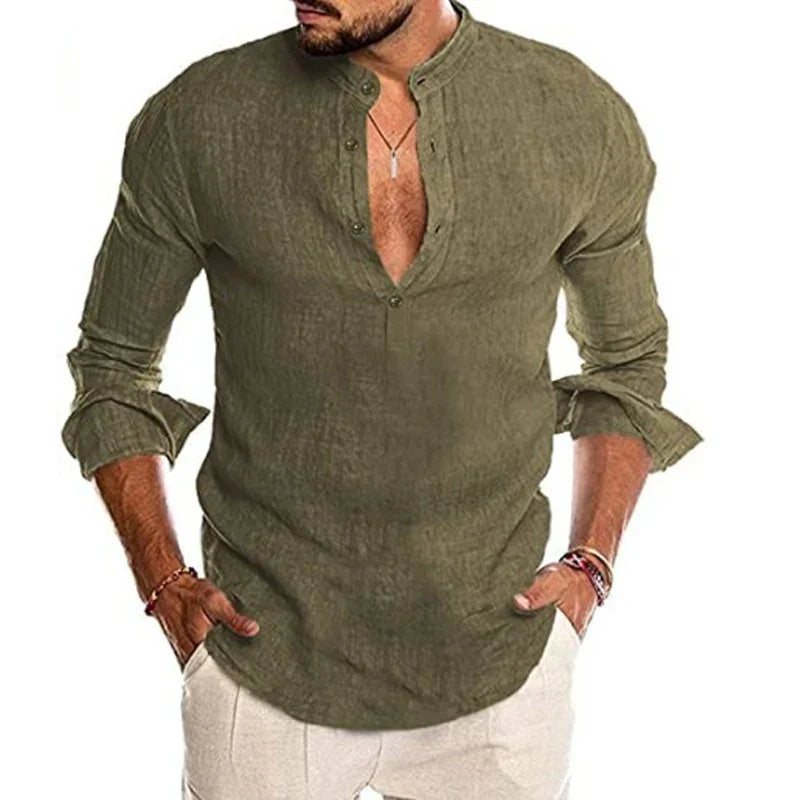 maoxiangshop Mens Button Down Shirt Linen Cotton Shirts Casual Long Sleeve Spread Collar Lightweight Beach Solid Color Tops