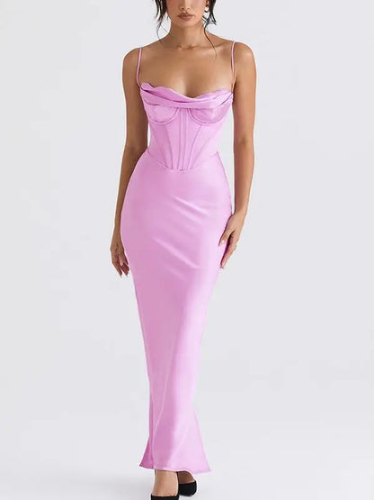 High Quality Summer Maxi Bodycon Dress Women Party Dress Pink Satin Dress Sexy Dress Birthday Evening Wedding Night Dresses