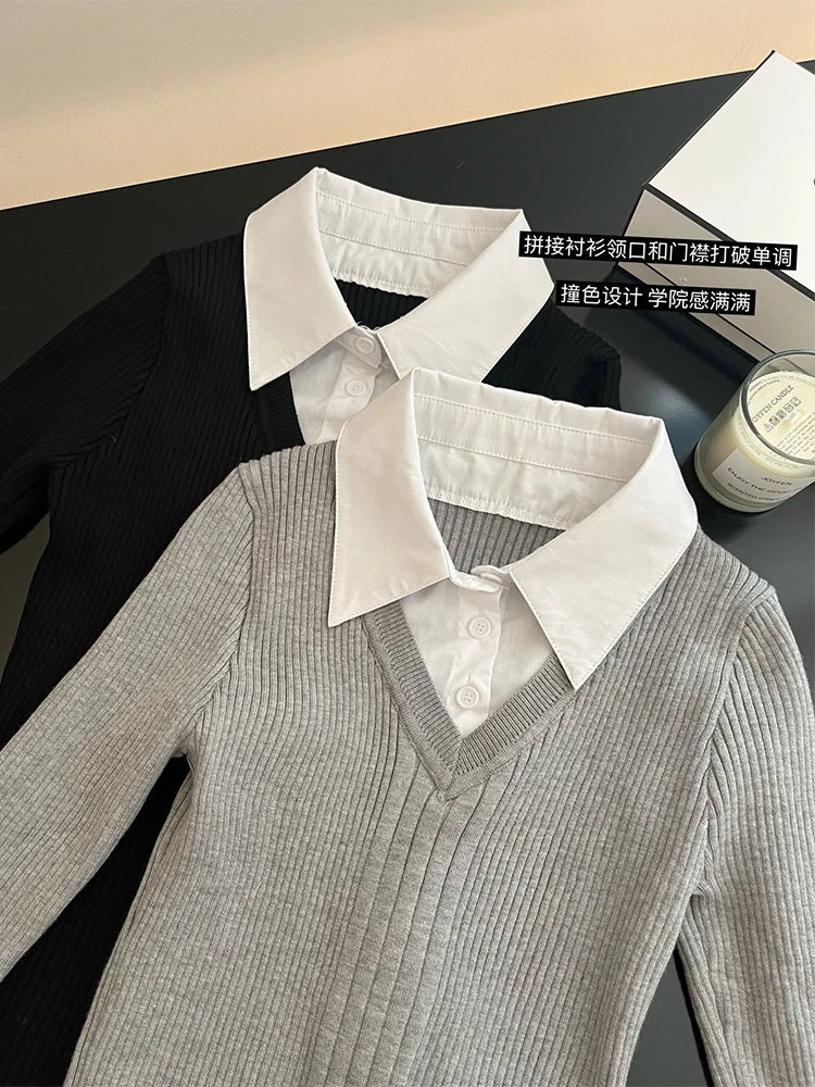 Autumn Winter Preppy Style Fake Two Pieces Mini Knit Shirts Dress Women Gyaru 2000s Aesthetic Vintage Long Sleeve One-Piece