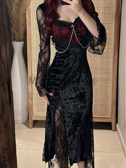 maoxiangshop 2000S Aesthetic Lace Sexy Vintage Midi Dress Women Patchwork Gothic Y2k Evening Party Dress Female Slim Chic Design Clothing