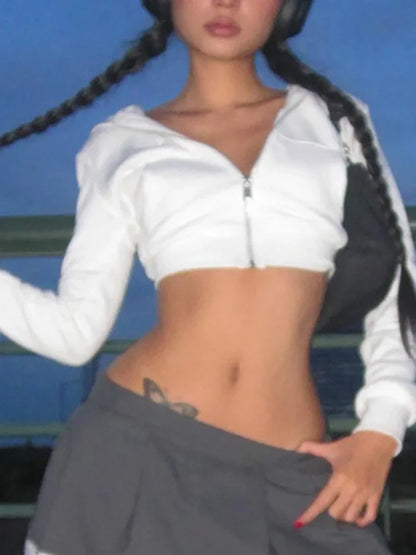 maoxiangshop Y2K Aesthetic Vintage Basic Zip Up White Cropped Hoodies 2000s Fashion Big Pockets Front Hooded Long Sleeve Sweats Cute