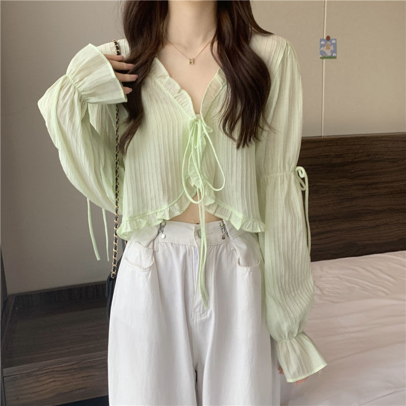 Sweet Ruffle Lace Up Cardigan Women Summer Long Sleeve Sunscreen Jacket Woman Candy-color Chiffon Crop Tops