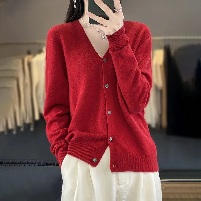 maoxiangshop New Fashion Spring Autumn 100% Merino Wool Women's V-neck Cardigan Cashmere Sweater 2024 Female Knitwear Clothing Korean Tops