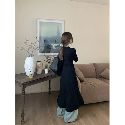 Streetwear Black Midi Dress Women Y2K V Neck Tunic Robe Korean Fashion Long Sleeve Slim All Match One Pieces Dresses New