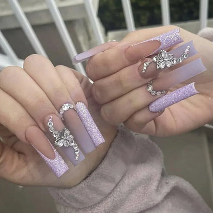 maoxiangshop 24Pcs Coffin False Nails Purple Butterfly Designs Fake Nails with Shiny Rhinestone Wearable French Full Cover Press on Nails