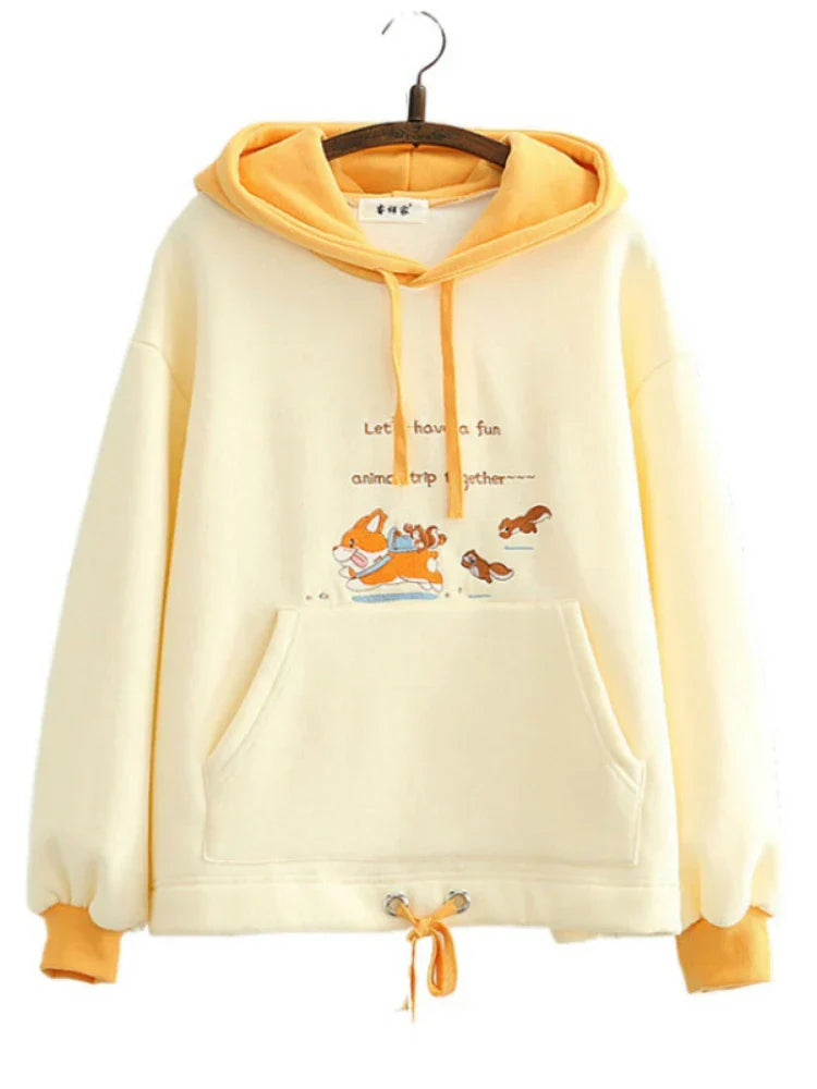 maoxiangshop Fleece Hooded Sweatshirt Winter Cartoon Dog Embroidery Hoodies Women Casual Long Sleeve Pullover Loose Tracksuit Female