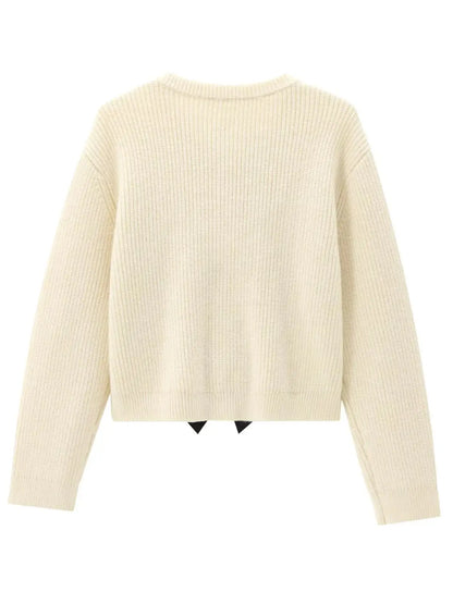 maoxiangshop  -  2024 Autumn/Winter Women Bow Knit Cardigan High Street Round Neck Long Sleeve Tie Versatile Female Knitted Coat