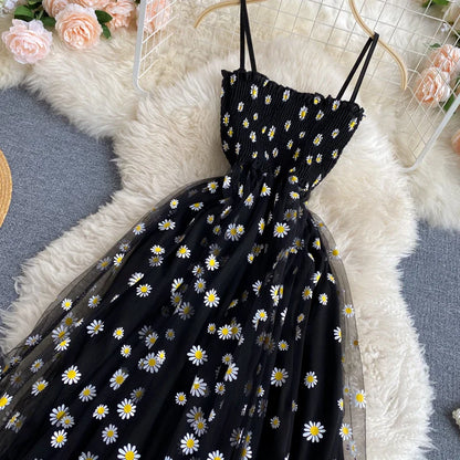 maoxiangshop Black Women Dress Basic Floral Print Spaghetti Strap Long Dress Korean Sundress