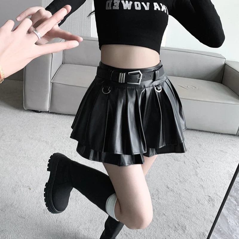 Y2K Pu Leather Mini Skirt Women Streetwear Belt Pleated Skirts Harajuku Korean Fashion High Waist Black A Line Skirt New