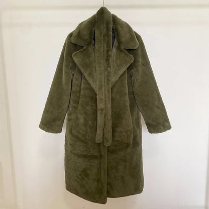maoxiangshop  -  Luxury Winter Long Overcoats Women Oversized Lapel Belted Faux Rabbit Fur Coat Jacket Female Plus Size Outerwear Plush Fur Coats