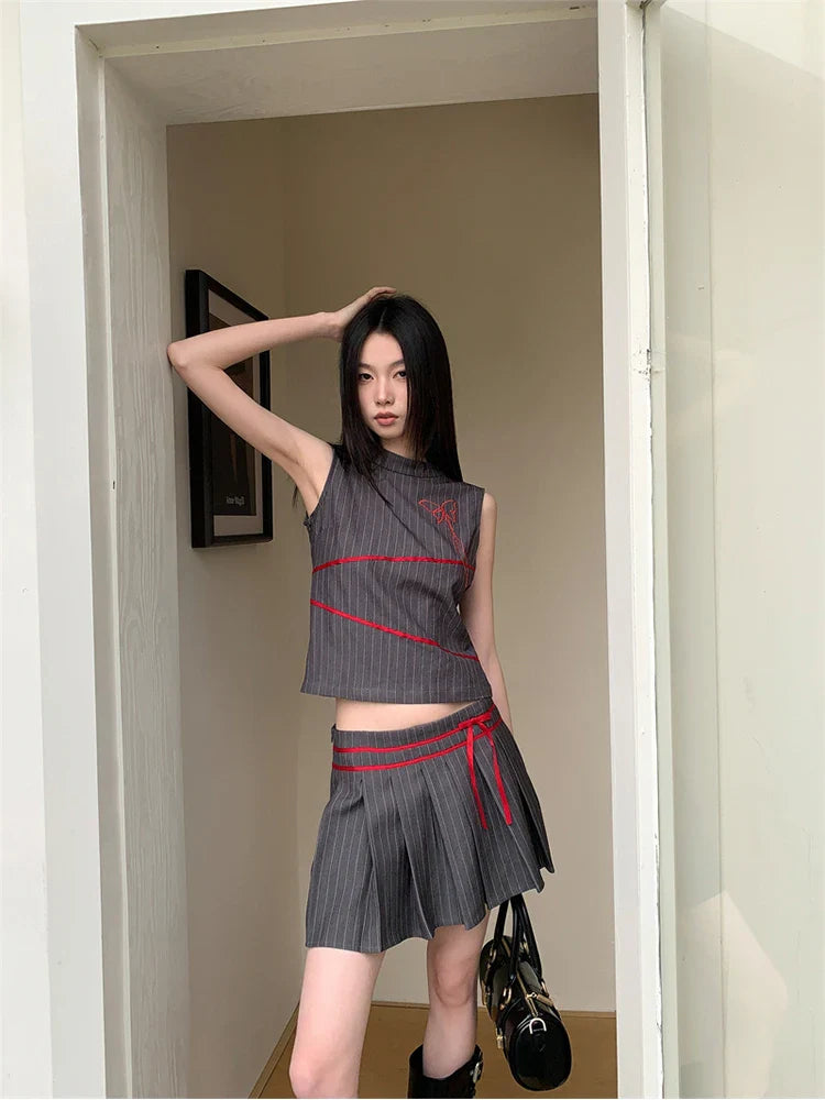 Summer Women Vintage Old Money 2000s Aesthetic Outfits 2 Piece Set Striped Tank Tops + A-line Mini Pleated Skirts Korean Fashion