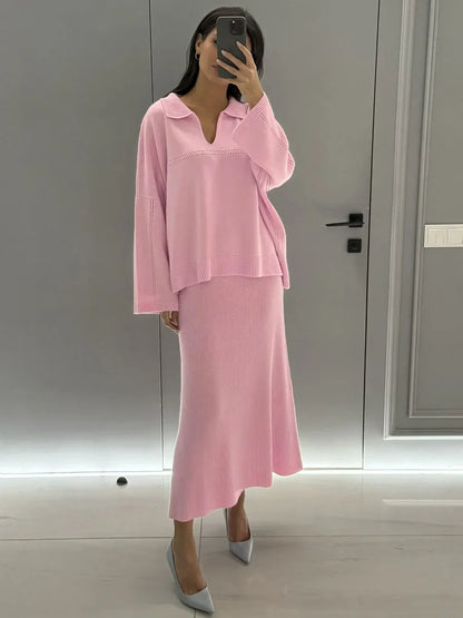 maoxiangshop  -  Lapel Sweater + Fishtail Skirts Sets Fashion Knitting Autumn Women Suit Knit Pullover Top Long Skirts Fashion Two Piece Set 2025
