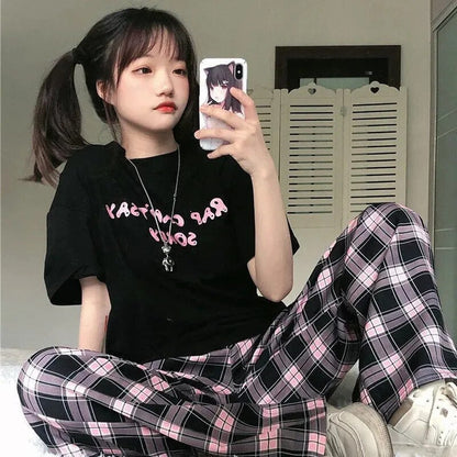 maoxiangshop Black and Pink Plaid Pants Oversize Women Pants High Waist Loose Wide Leg Trousers Ins Retro Teens Straight Trousers Streetwear