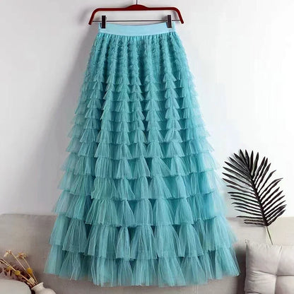 maoxiangshop 2024 New Spring Summer Women High Waist Slim Long Skirt High Quality Lolita Style Sweet Multilayered Mesh Patchwork Cake Skirt