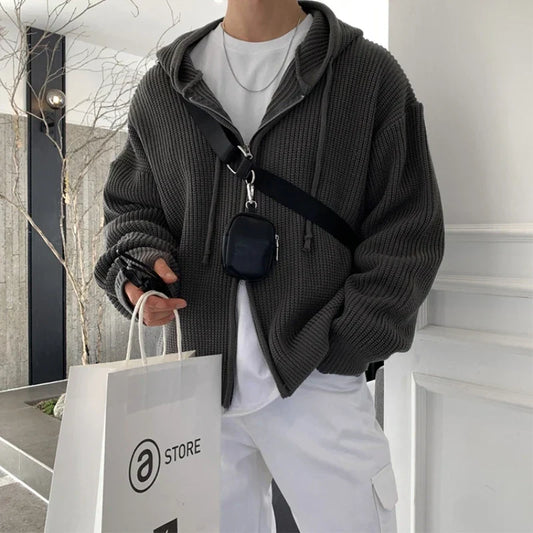 maoxiangshop Winter Sweater Cardigan Men Warm Oversized Knitted Hooded Sweater Coat Men Korean Loose Cardigan Sweater Mens Jumper Clothes