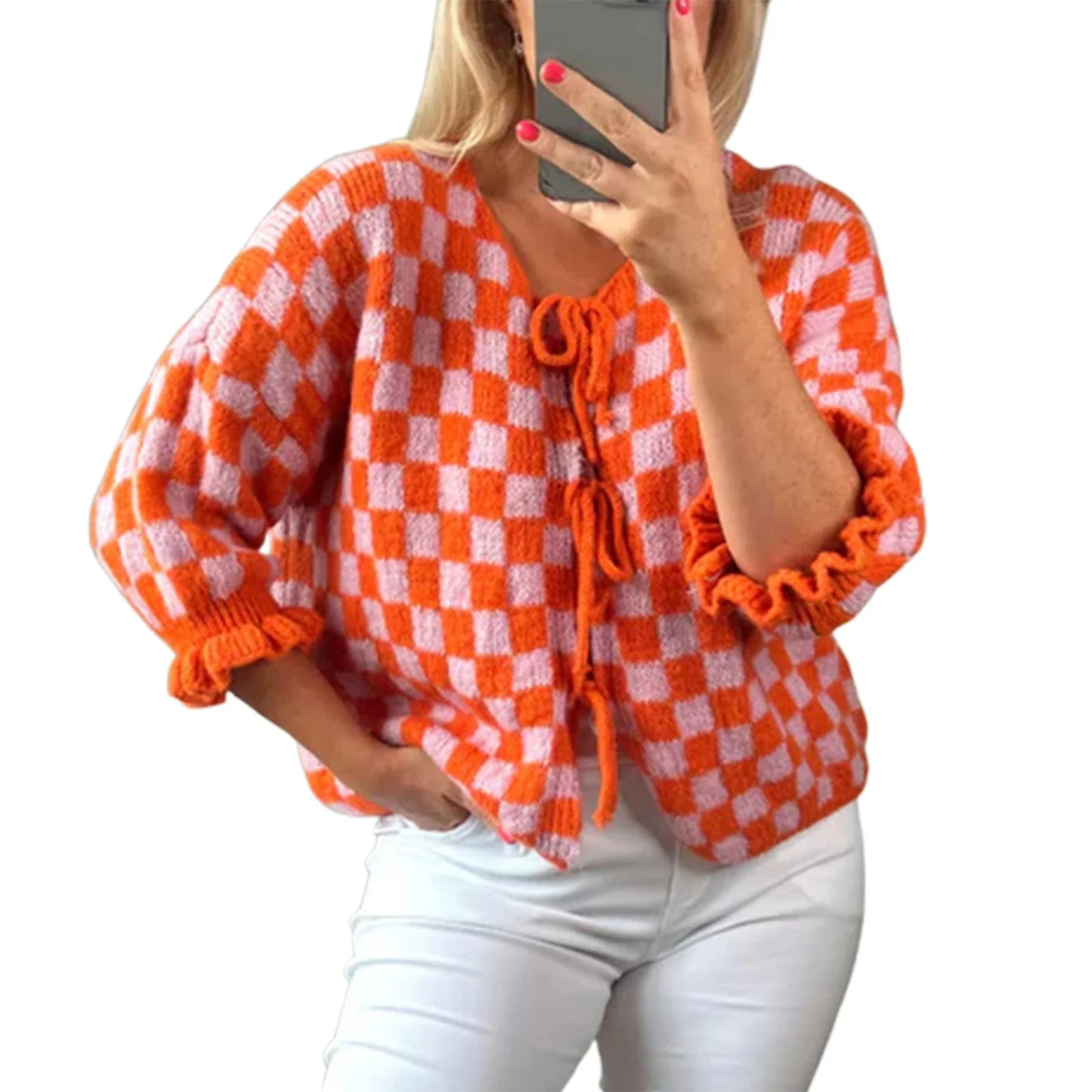 maoxiangshop  -  Women's Tie Front Knitted Cardigan New Style 2024 New Checkered Half Sleeve Sweater Casual Autumn Winter Cardigan Knitwear