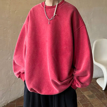 maoxiangshop American Washed Old Pullovers Sweatshirts Men Loose Solid Color Autumn Large Size Warm O Neck Tops Hip Hop Y2k Sweatshirt