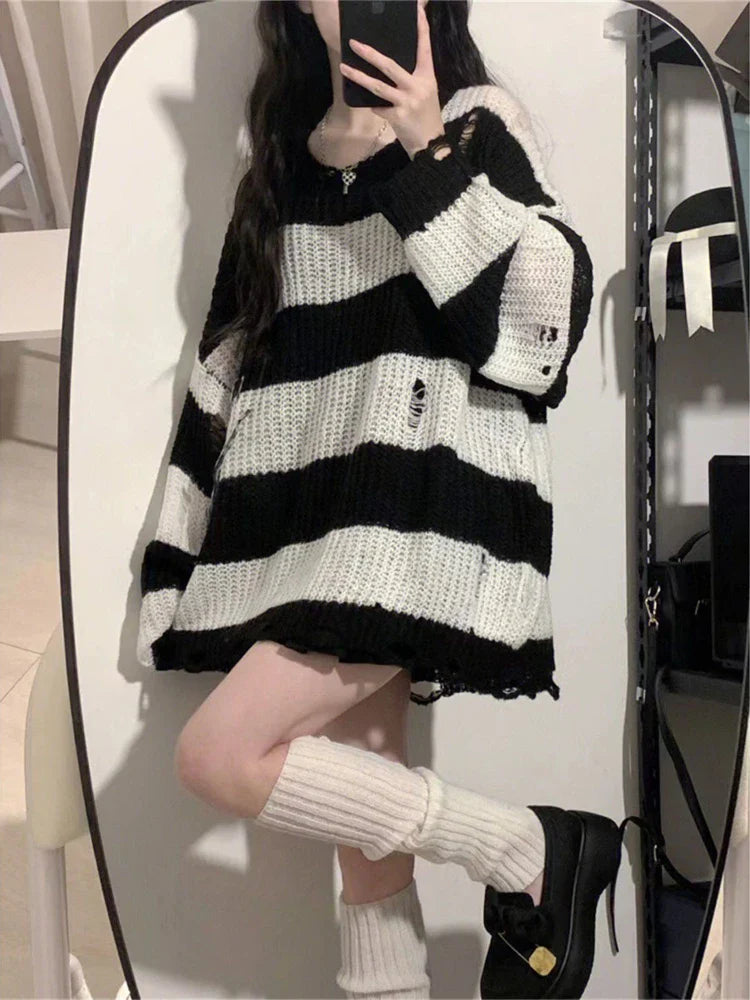 maoxiangshop Y2K Pink Striped Sweaters Women Harajuku Vintage Black Knitted Jumper Grunge Sexy Hole Hollow Out Loose All-match Tops