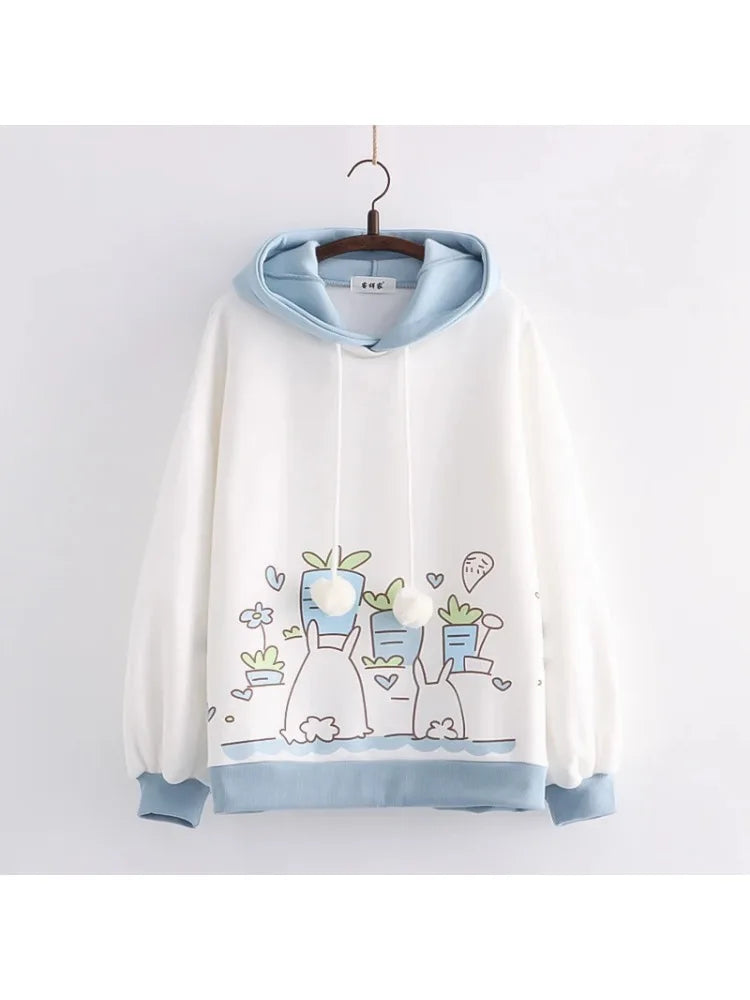 maoxiangshop Kawaii Women Hoodies Winter Long Sleeve Drawstring Fleece Hooded Sweatshirt Female Harajuku Rabbit Print Pullover Top
