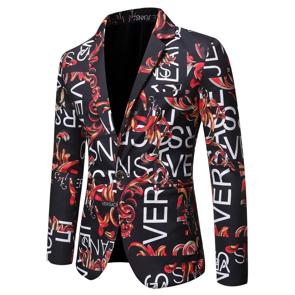 maoxiangshop WELL DRESSED MEN Brand Suit Jacket Fashion Letter Print Casual Slim Fit Blazers Homme 3D Floral Coat Autumn Man Business Social Dress Blazer Coat