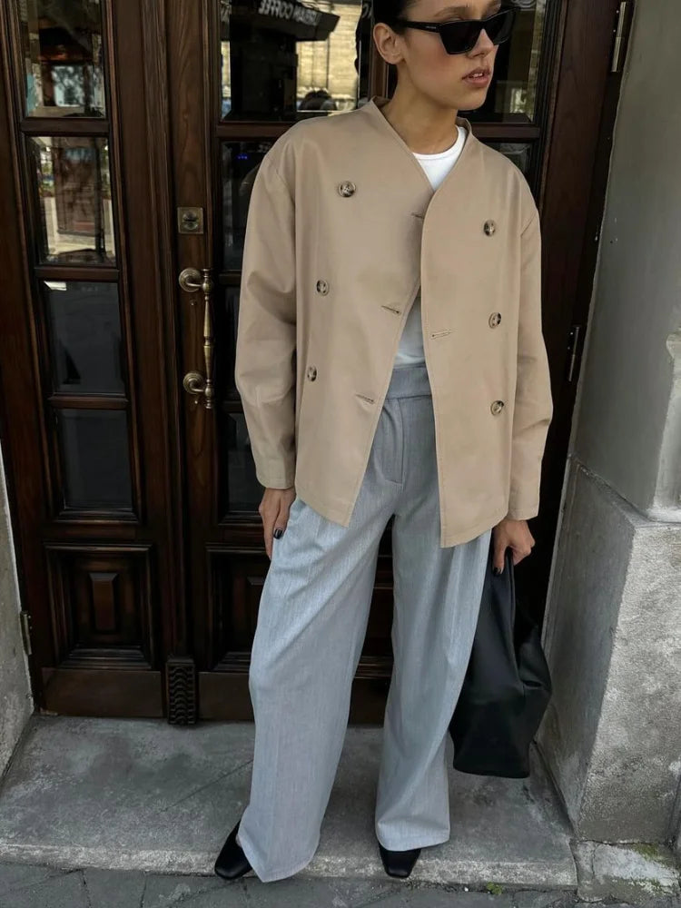 maoxiangshop  -  Fashion Solid Color Double-breasted V-neck Women's Jacket Casual Long Sleeved Versatile Coats New Autumn Commute Outerwear 2024