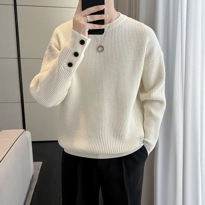 maoxiangshop Korean New Autumn And Winter Sweaters Men's O-Neck Solid Button Trend Fashion Casual Loose Long Sleeve Knitted Pullovers Tops