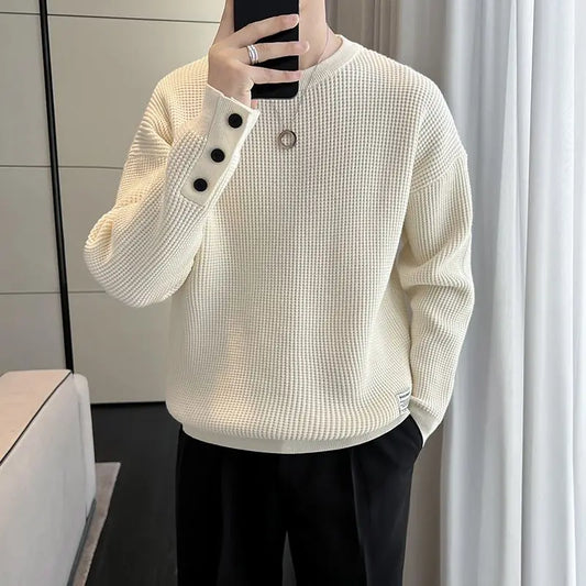 maoxiangshop Korean New Autumn And Winter Sweaters Men's O-Neck Solid Button Trend Fashion Casual Loose Long Sleeve Knitted Pullovers Tops