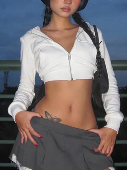 maoxiangshop Y2K Aesthetic Vintage Basic Zip Up White Cropped Hoodies 2000s Fashion Big Pockets Front Hooded Long Sleeve Sweats Cute