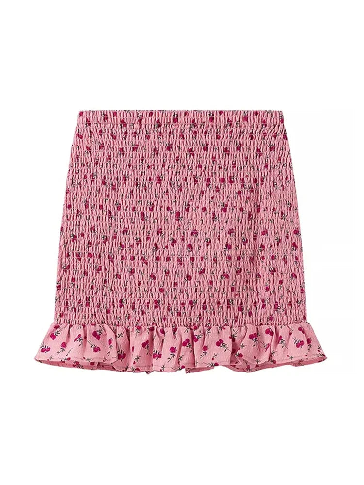 maoxiangshop  -  Girl's Cute Flower Print High Waist Pleated Mini Skirts Women 2024 Summer New Fashion Elastic Short Skirt
