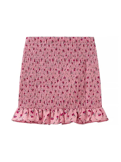 maoxiangshop  -  Girl's Cute Flower Print High Waist Pleated Mini Skirts Women 2024 Summer New Fashion Elastic Short Skirt