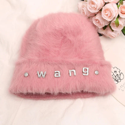 maoxiangshop New Fashion Rabbit Fur Y2k Beanies for Women Soft Warm Fluffy Angola Winter Hat Female Windproof Bonnet Hat Skullies Cap