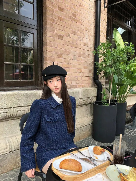 maoxiangshop  -  Autumn/Winter Women Suit Polo Collar Short Coat A-line Mini Skirt Set High End Fashion Navy Blue Two Piece Sets Women Outfits