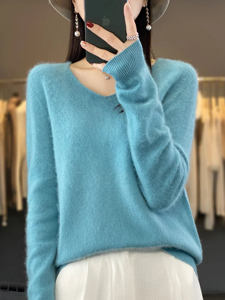 maoxiangshop Pure Wool V-Neck Sweater Women's Short Autumn And Winter All Loose And Thin Pullover Sweater Base Shirt Solid Color Authentic