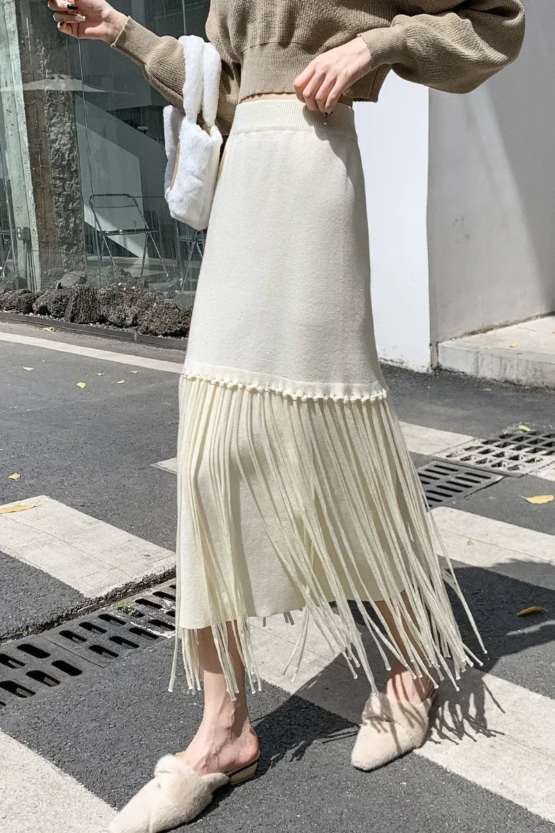 maoxiangshop French Chic Tassel Long Skirts for Women A-line High Waist Female Faldas Ajustadas Ladies Autumn Fashion Maxi Skirt