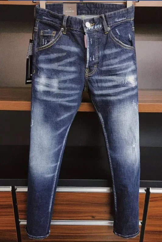maoxiangshop Men Blue Denim Jeans Skinny Holes Jeans Italian Style Stretch Denim Pants High Quality Male Slim Fit Denim Trousers Size 42
