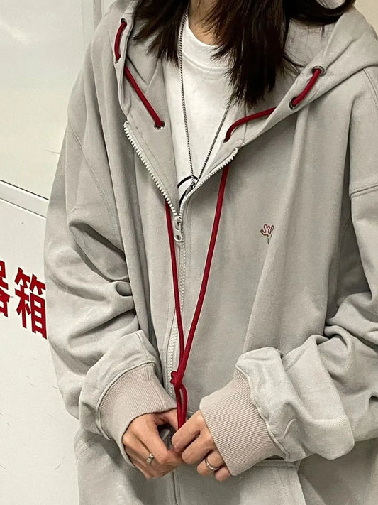 Korean Gray Zip Up Hoodies Women Harajuku Streetwear Zipper Hooded Sweatshirts Kpop Casual Thin Tops Vintage Clothes