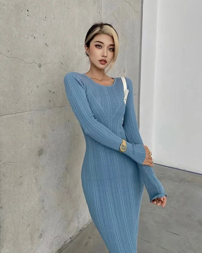 maoxiangshop New Women Long Sleeve O-neck Knitted Dress Stretchable Slim 4 Colors Autumn Winter Round neck geometric knitted long skirt