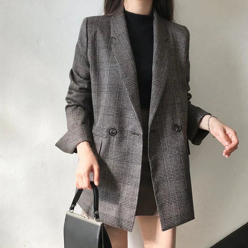 maoxiangshop Women Winter Plaid Blazers Coats Korean Fashion Elegant Solid Thick Jacket Female Double Breasted Office Lady Long Overcoat