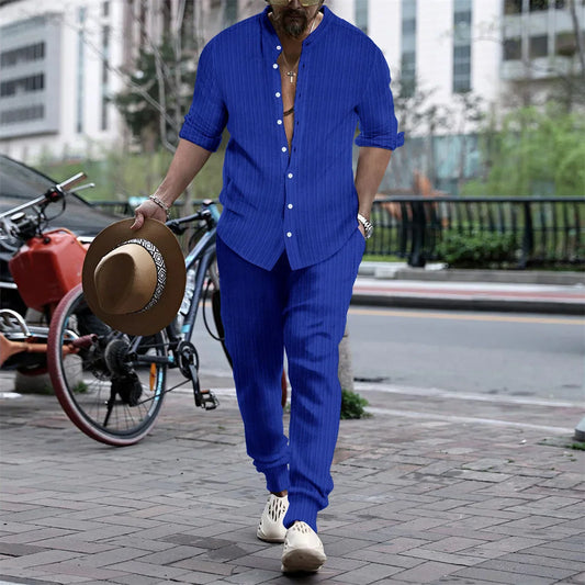 maoxiangshop Autumn Casual Simple Style Mens Sets Long-shirts Long Pants Solid All-match Henry Collar Striped Two-piece Sets S-3XL
